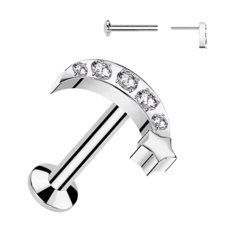 All 316L Surgical Steel Threadless Push In Labret With 5 CNC Set CZ Moon With Star Top - Image 3