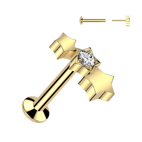 All 316L Surgical Steel Threadless Push In Labret Triple Star With CNC Set CZ Top - Image 4