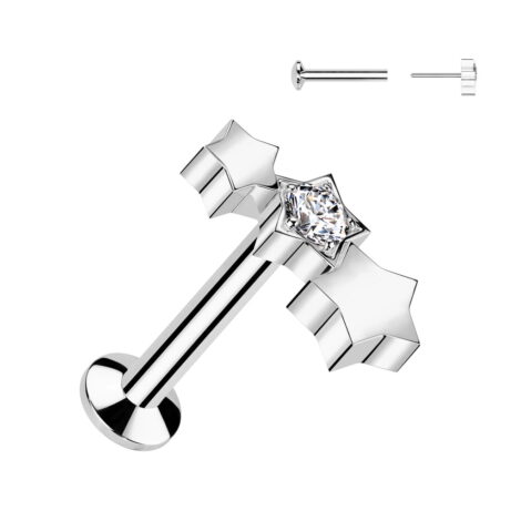 All 316L Surgical Steel Threadless Push In Labret Triple Star With CNC Set CZ Top - Image 3