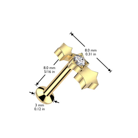 All 316L Surgical Steel Threadless Push In Labret Triple Star With CNC Set CZ Top - Image 2