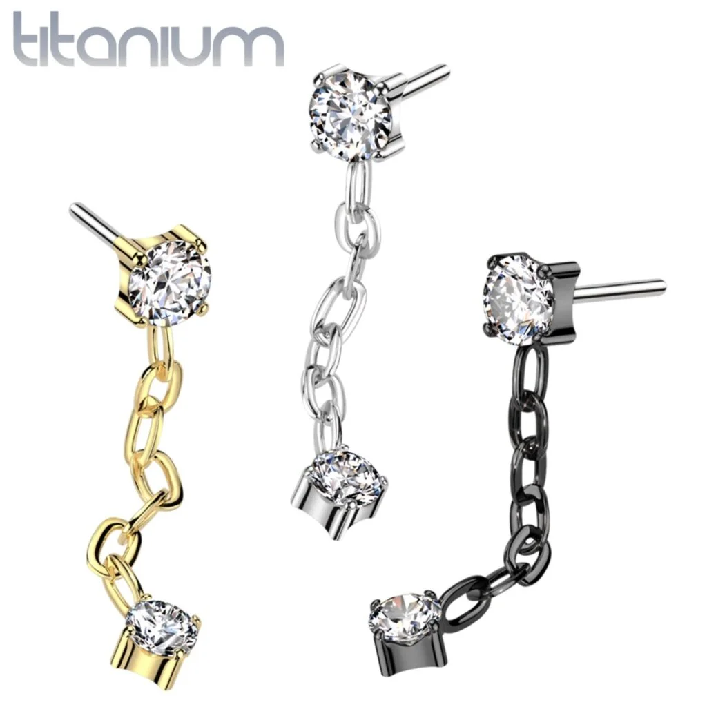 Implant Grade Titanium Threadless Push Pin CZ Top With Dangle
