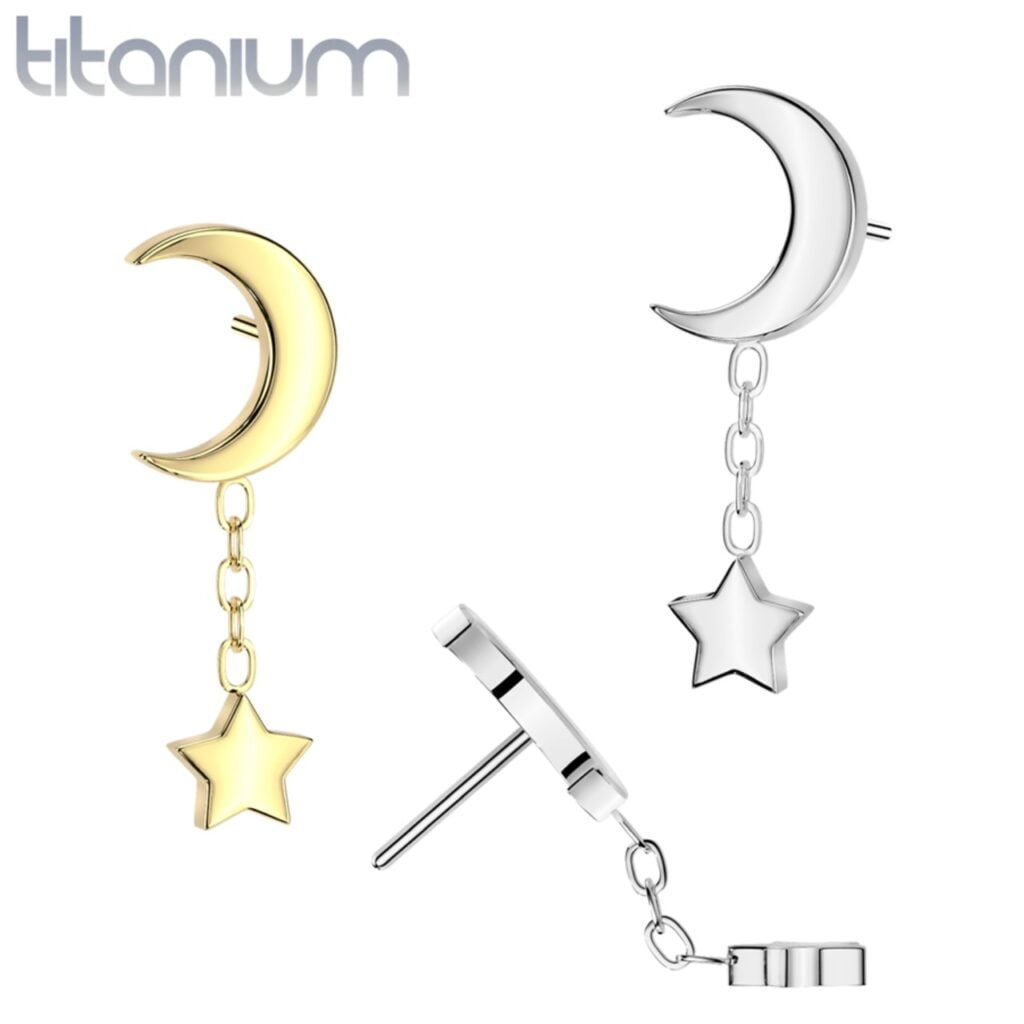 Implant Grade Titanium Threadless Push In Moon Top w/ Star Dangle
