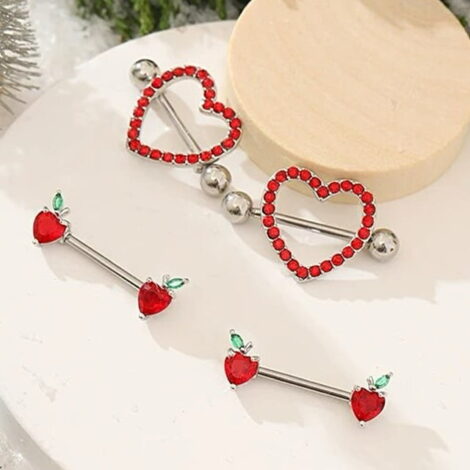 Racy Red Sparkling Heart and Fruit Nipple Ring Pairs - Image 4