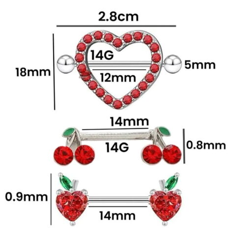 Racy Red Sparkling Heart and Fruit Nipple Ring Pairs - Image 6