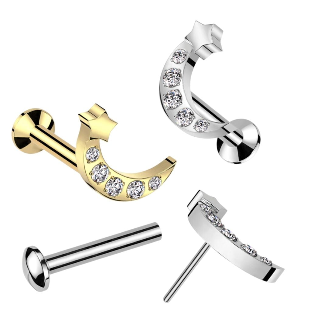 All 316L Surgical Steel Threadless Push In Labret With 5 CNC Set CZ Moon With Star Top