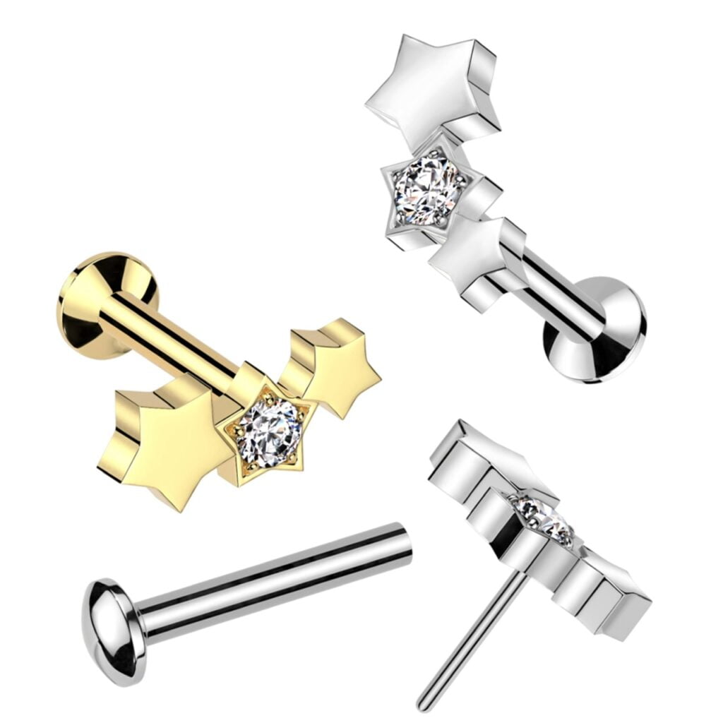 All 316L Surgical Steel Threadless Push In Labret Triple Star With CNC Set CZ Top