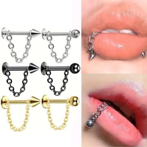 Cartilage Labret Flat Back Stud with Chain Loop and Ball/ Cone