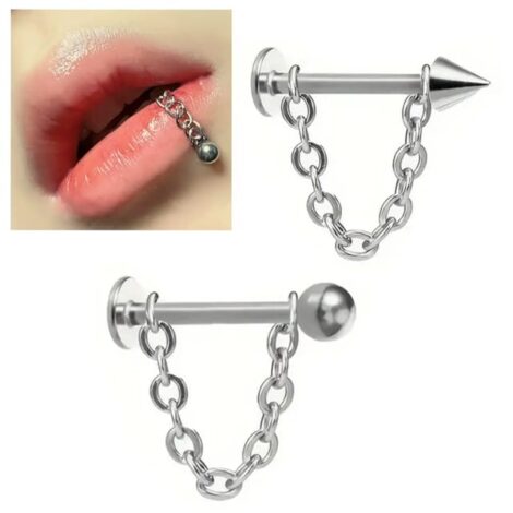 Cartilage Labret Flat Back Stud with Chain Loop and Ball/ Cone - Image 4