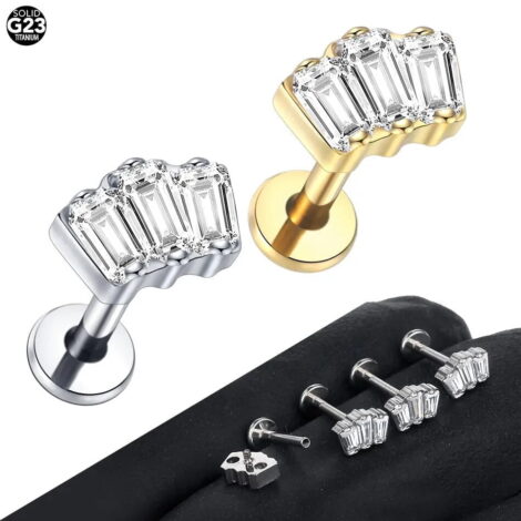 ASTM Titanium Cartilage Labret Stud with Triple Baguette CZ Top - Image 3