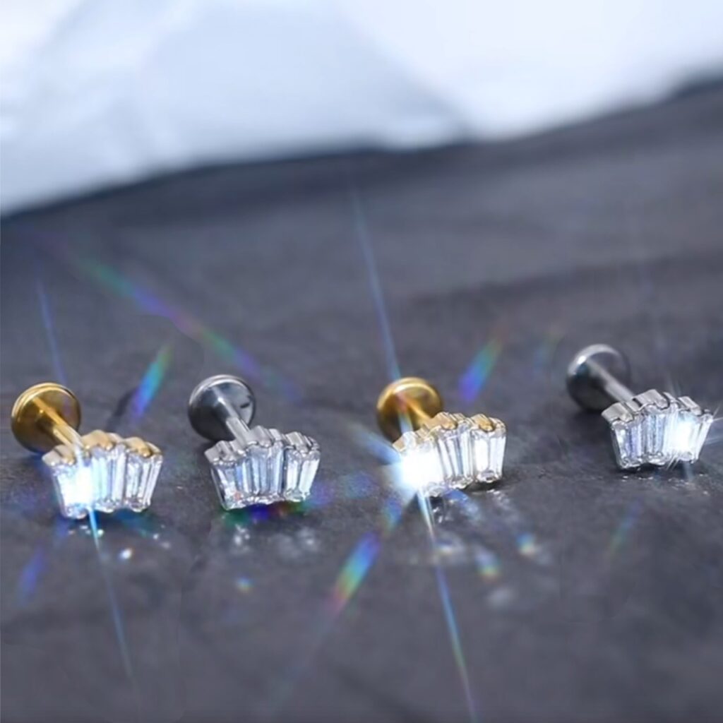 ASTM Titanium Cartilage Labret Stud with Triple Baguette CZ Top