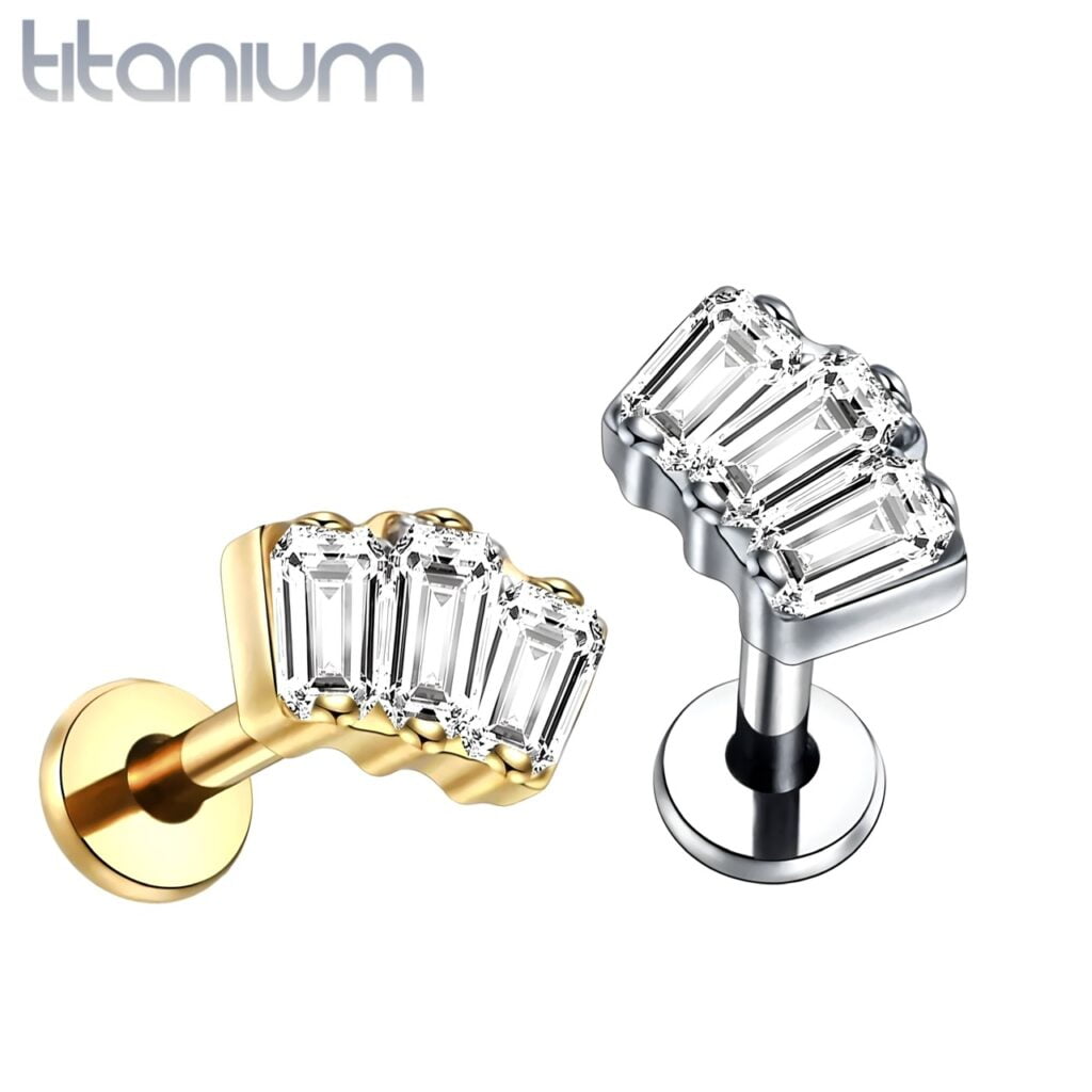ASTM Titanium Cartilage Labret Stud with Triple Baguette CZ Top