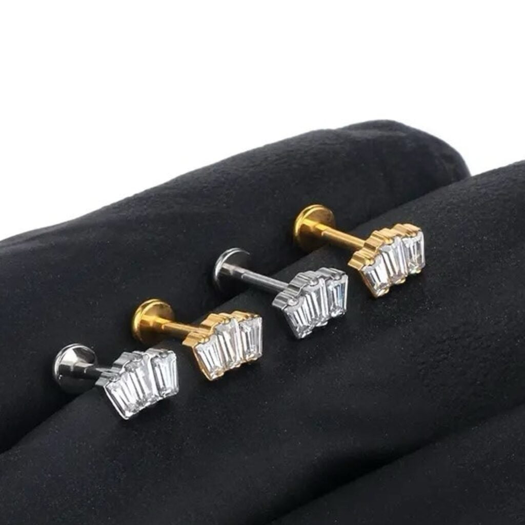 ASTM Titanium Cartilage Labret Stud with Triple Baguette CZ Top