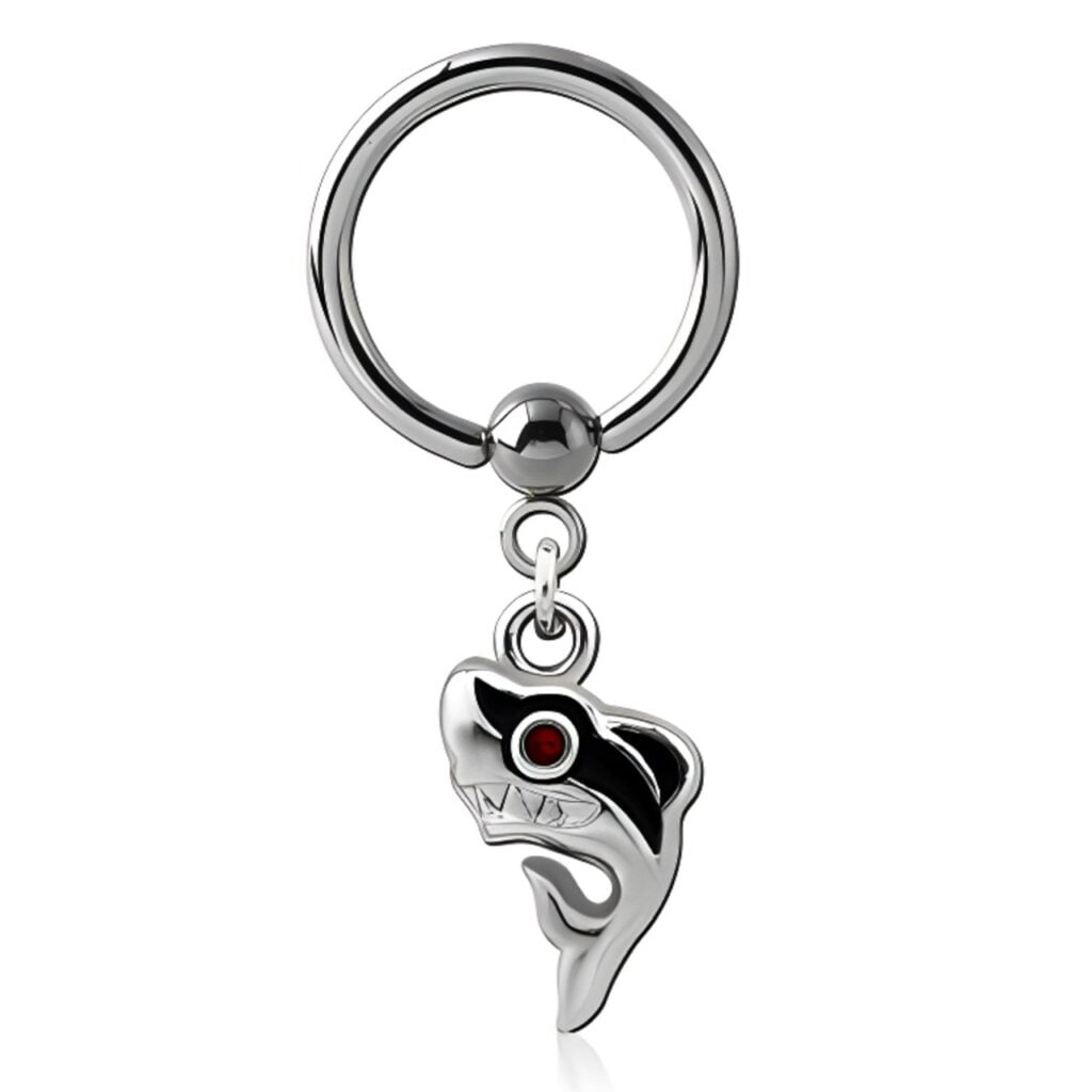 Surgical Steel Ball Closure Ring with Grinning Shark Dangle