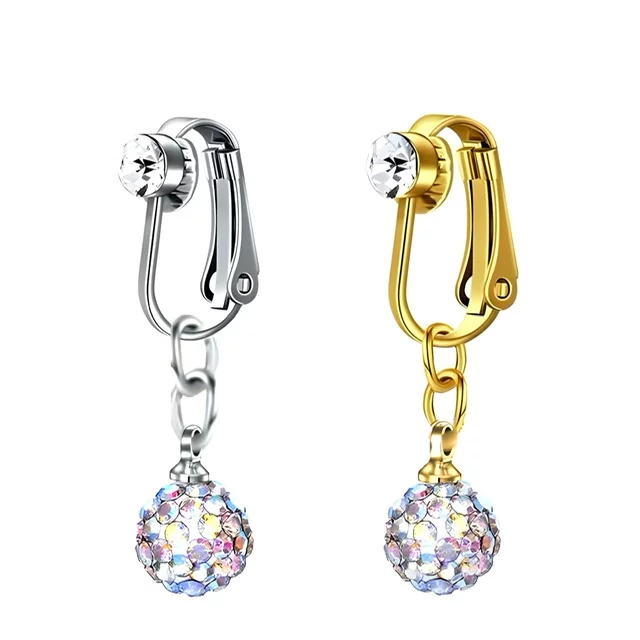 Fake Clip On Belly Ring with Gem Top and AB Crystal Ball Dangle