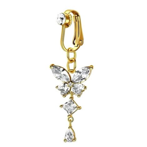 Fake Clip On Belly Ring with Gem Top and Butterfly Dangle - Image 9