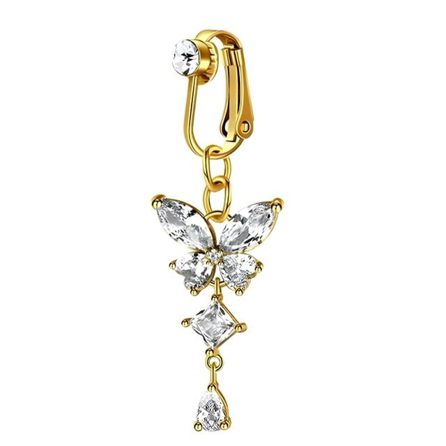 Fake Clip On Belly Ring with Gem Top and Butterfly Dangle