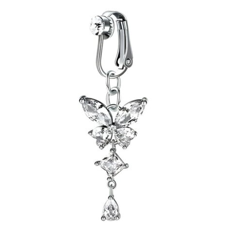 Fake Clip On Belly Ring with Gem Top and Butterfly Dangle - Image 8