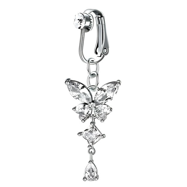 Fake Clip On Belly Ring with Gem Top and Butterfly Dangle
