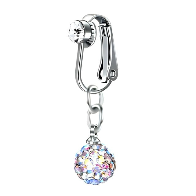 Fake Clip On Belly Ring with Gem Top and AB Crystal Ball Dangle