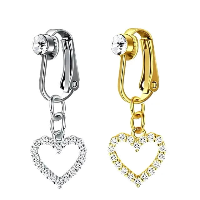 Fake Clip On Belly Ring with Gem Top and Crystal Heart Dangle