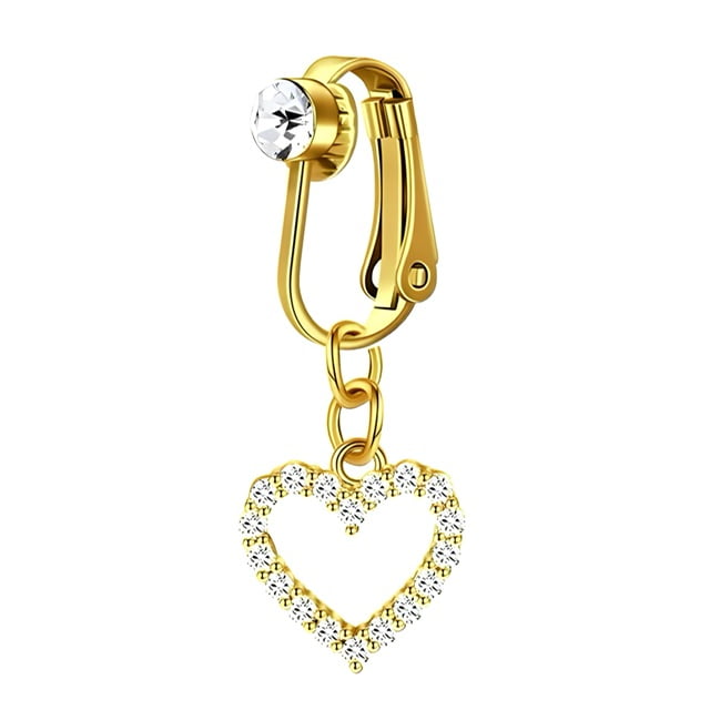 Fake Clip On Belly Ring with Gem Top and Crystal Heart Dangle
