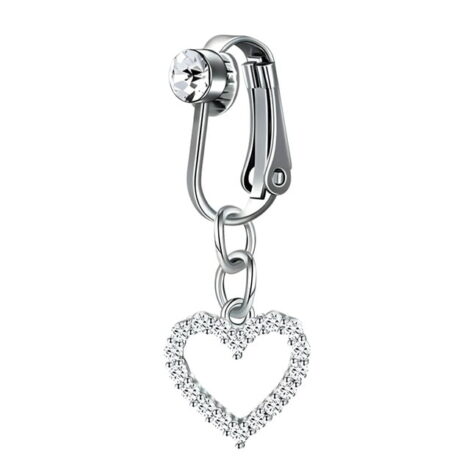 Fake Clip On Belly Ring with Gem Top and Crystal Heart Dangle - Image 4