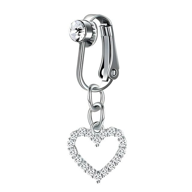 Fake Clip On Belly Ring with Gem Top and Crystal Heart Dangle