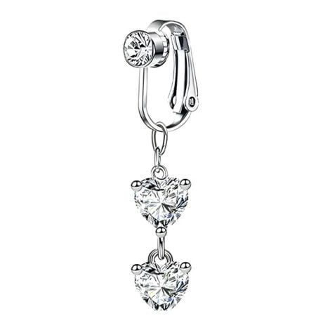 Fake Clip on Belly Ring with Gem Top and Double Heart Dangles