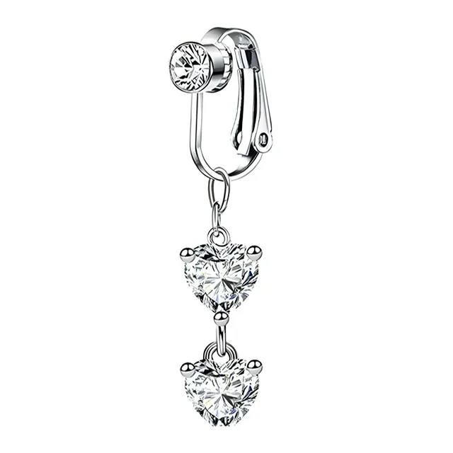 Fake Clip on Belly Ring with Gem Top and Double Heart Dangles