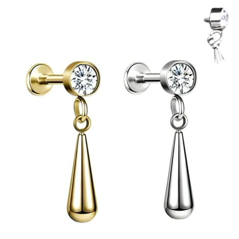 Cartilage Labret Stud Internally Threaded with Jewelled Pendulum Top