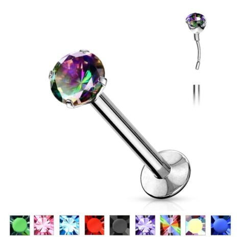 Labret Cartilage Stud With Threadless Push In Pin Colourful Prong CZ