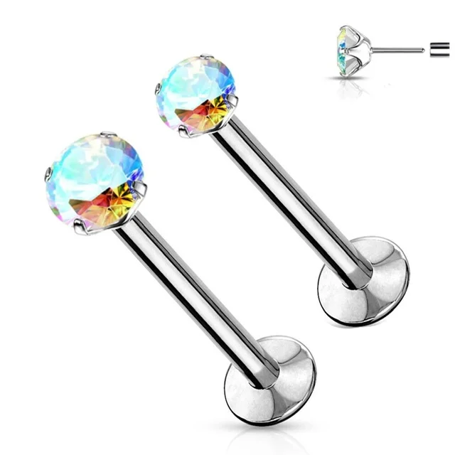 Labret Cartilage Stud With Threadless Push In Pin Colourful Prong CZ