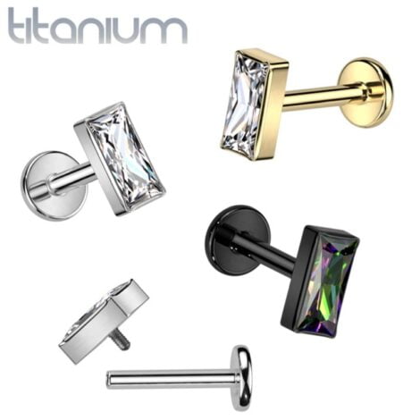 Implant Titanium Cartilage Labret Stud Threaded w/ Rectangle CZ Top