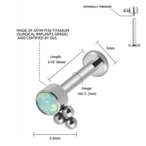 Implant Grade Titanium Labret Threaded with Beaded Opal Top - Image 2