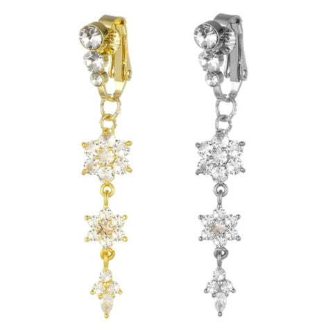 Fake Clip on Belly Ring with Triple Gem Top and Flower Dangle
