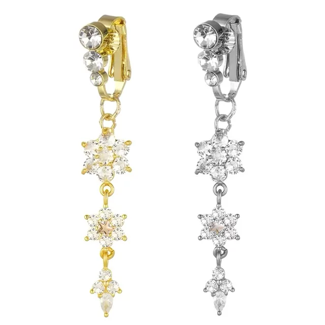 Fake Clip on Belly Ring with Triple Gem Top and Flower Dangle