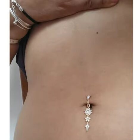 Fake Clip on Belly Ring with Triple Gem Top and Flower Dangle - Image 3