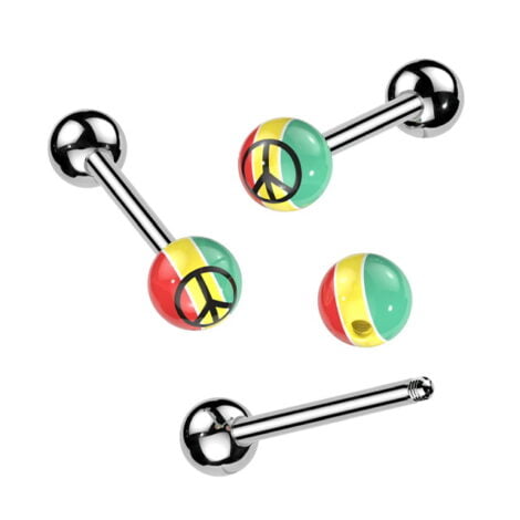 Rasta Acrylic Coloured Ball w/ Peace Sign Print Tongue Barbell