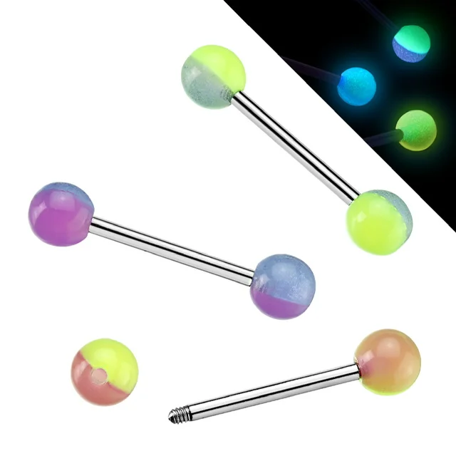 2-Colour Glow in The Dark Acrylic Ball Tongue Nipple Barbells