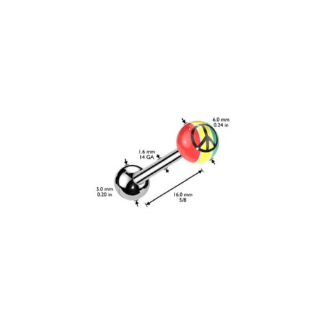Rasta Acrylic Coloured Ball w/ Peace Sign Print Tongue Barbell - Image 3