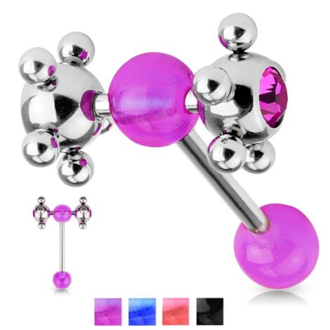Fun Erotic Spinner Tongue Barbell w/ Gem Set Beaded Massage Balls