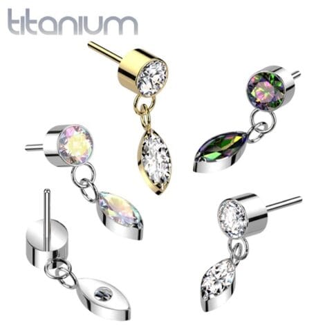 Implant Grade Titanium Threadless Push In Bezel Set CZ With Marquise CZ Dangle Top