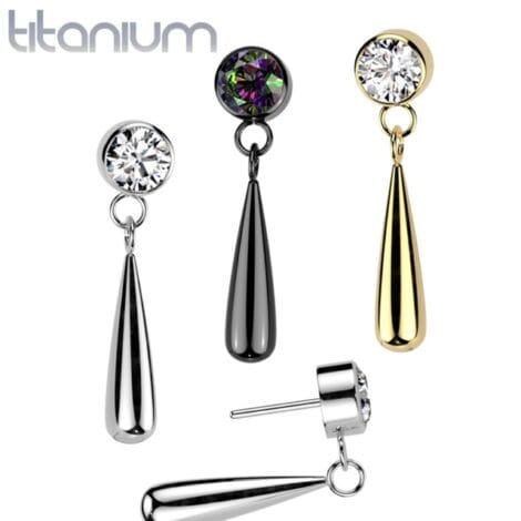 Implant Grade Titanium Threadless Push In Bezel Set CZ Top With Teardrop Dangle