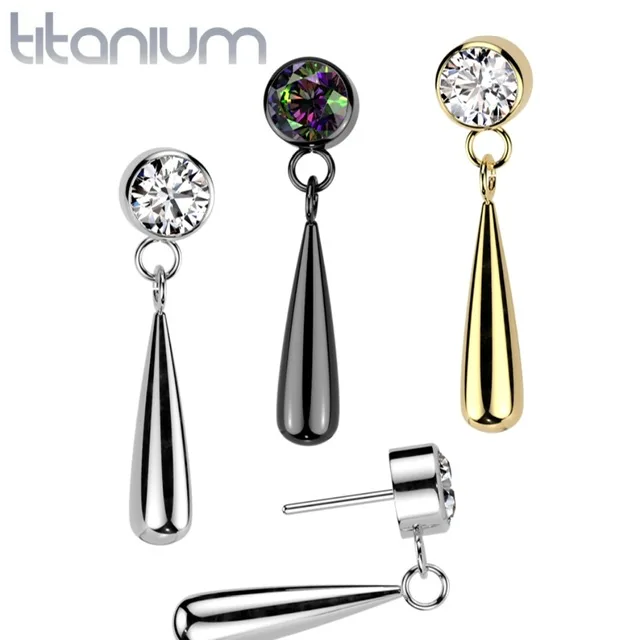 Implant Grade Titanium Threadless Push In Bezel Set CZ Top With Teardrop Dangle