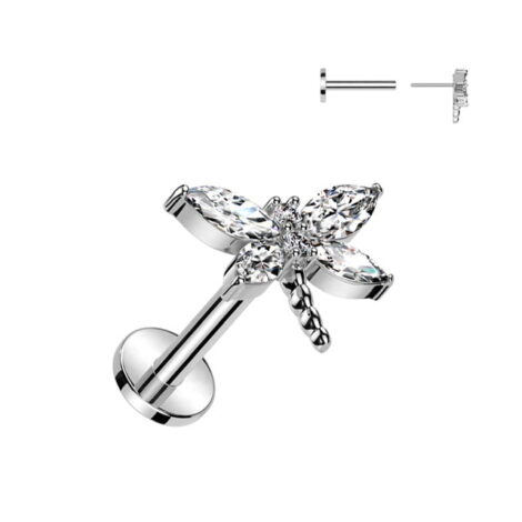 CZ Dragonfly Top Threadless Push In Pin Cartilage Labret - Image 2