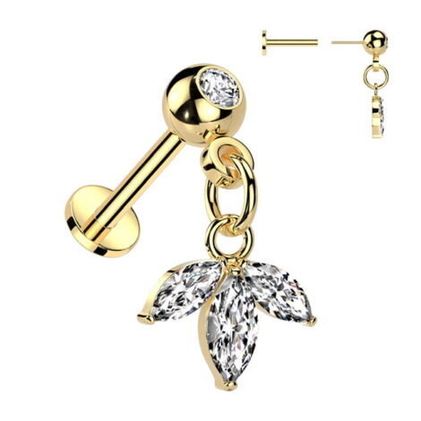 Marquise CZ Leaf Dangle on Gem Top Threadless Push In Pin Labret - Image 2