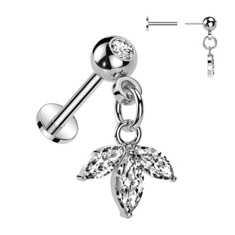 Marquise CZ Leaf Dangle on Gem Top Threadless Push In Pin Labret - Image 3