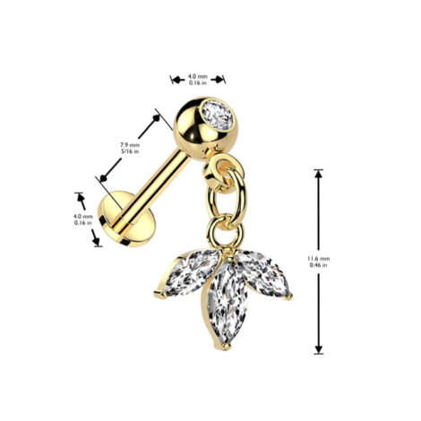 Marquise CZ Leaf Dangle on Gem Top Threadless Push In Pin Labret - Image 4