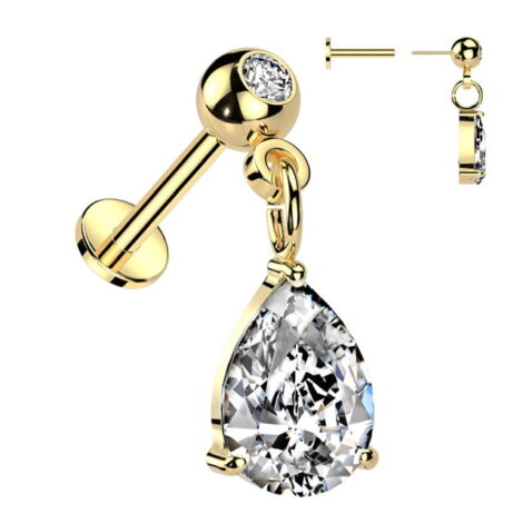 Pear CZ Dangle on CZ Gem Ball Top Threadless Push In Pin Labret - Image 2