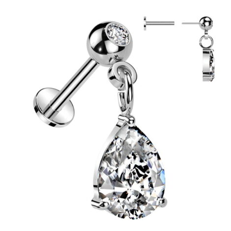 Pear CZ Dangle on CZ Gem Ball Top Threadless Push In Pin Labret - Image 3